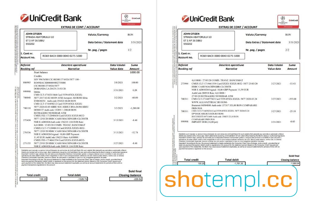 UniCredit Bank Statement PDF Template